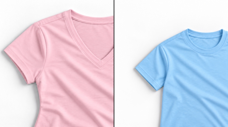 Pink women’s V-neck T-shirt and blue youth T-shirt
