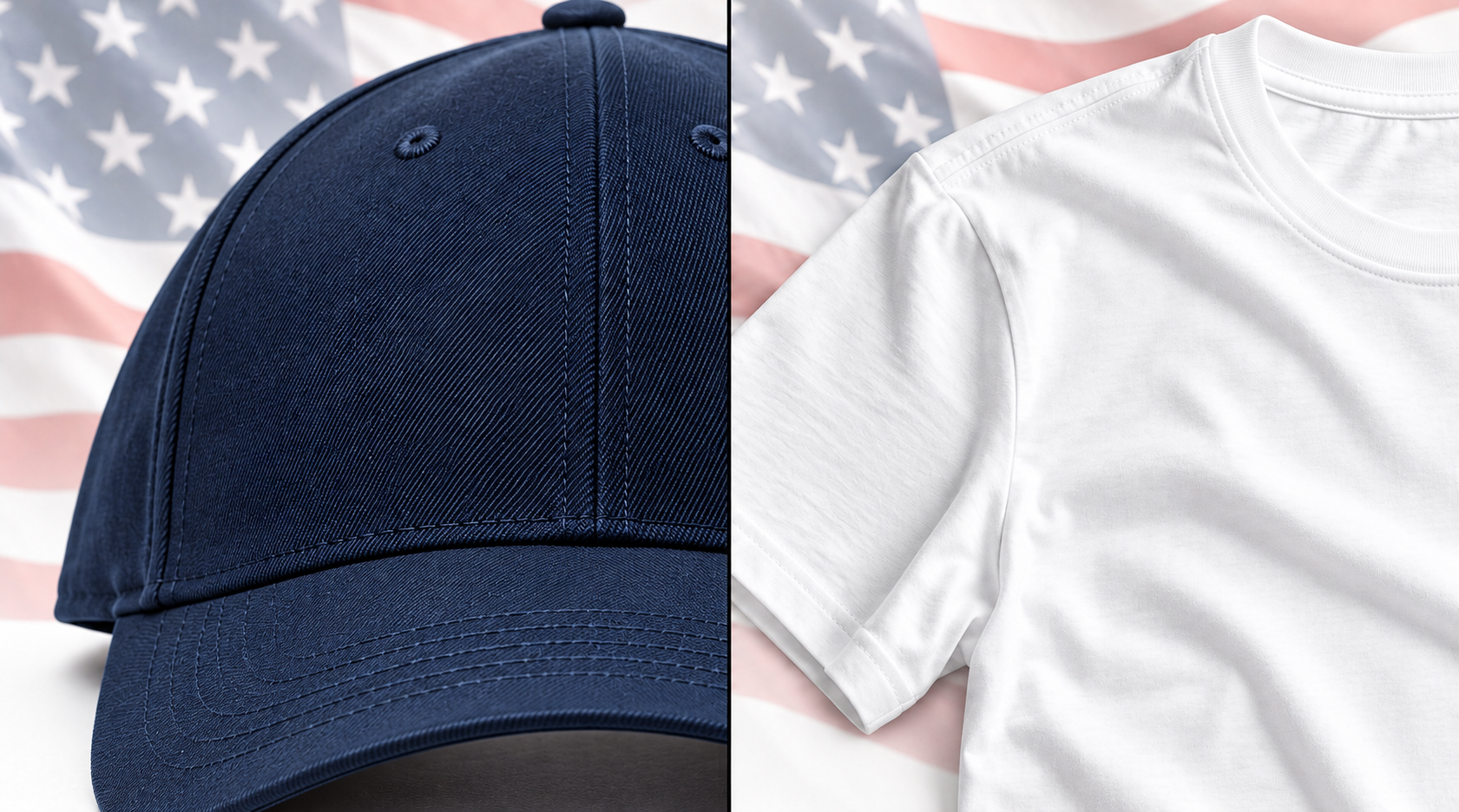 Navy and gray T-shirts with an American flag background
