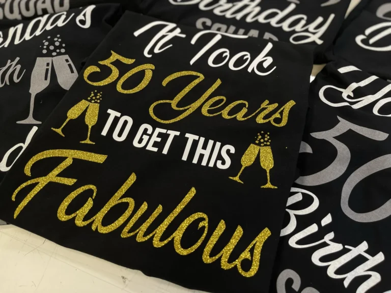 Black birthday shirts with gold and white lettering